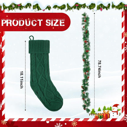 Shappy 6 Pc 18" Christmas Stockings with Artificial Pine Branches Garland 6.56 Ft Knit Christmas Stocking with Red Berries Pine Cones for Family Home Xmas Party Decorations