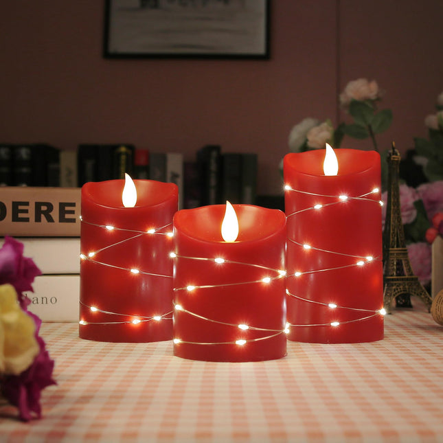 Flameless Candle Battery Powered Embedded Light String LED Candle 11 Key Remote Control and Timer Function Flashing Flame Candle 3-Piece Set (red)