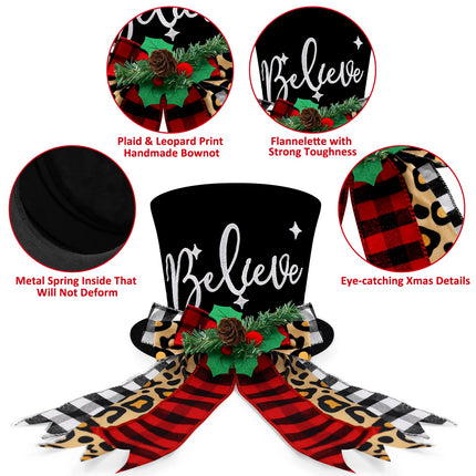 Buffalo Plaid Christmas Tree Topper Top Hat with Handmade Leopard Black and Red Check Bows Xmas Believe Ornament Winter Holiday Santa Home Decoration Wreath Festive Ideas Supplies