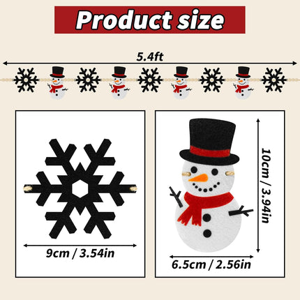 6Ft Christmas Winter Garland - Winter Snowman & Black Snowflake Felt with Wood Beads - Festive Holiday Decor for Mantle, Wall, Tree - Perfect for Indoor Christmas Decorations & Celebrations