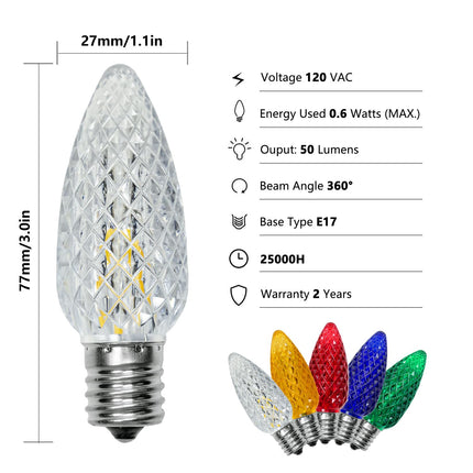 25 Pack C9 Led Replacement Light Bulbs Christmas, C9 Shatterproof Led Bulbs for Christmas String Lights, E17 Candelabra Base, Commercial Grade Dimmable Holiday Bulbs, Multicolor