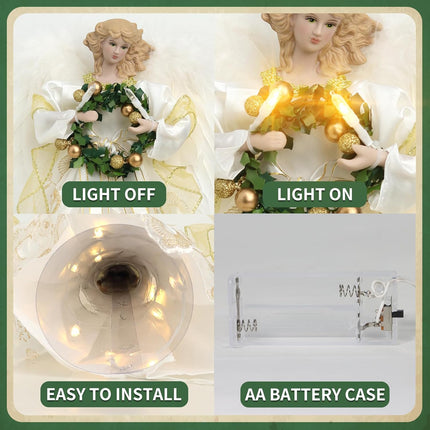 Angel Christmas Tree Topper, 14" Gold Angel Treetopper, 10Led Angel Tree Topper with Wings, Indoor Christmas Decors, Home Ornaments (Gold-Garland)