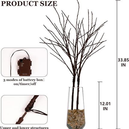 2 Pack Lighted Brown Willow Branches for Vases, 32IN 100 LED Artificial Tree Branches Lights with Timer, Plug in Lighted Brown Twig Branches for Home Fireplace Christmas Party Decoration