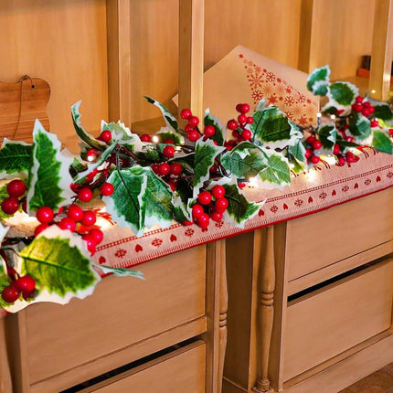 9FT Christmas Garland with Lights,Pre-lit Artificial Red Berries & Holly Leaves Lighted Garlands,Indoor Outdoor Xmas Decor,Winter Home Year Mantle Fireplace Table Decortions
