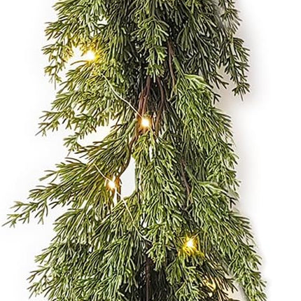 Christmas Garland with Warm White 50 LED Lights 6FT Greenery Garland Decorations for Winter Holiday Mantle Stairs Table Outdoor Artificial Pine and Cypress Garlands, Batteries Operated