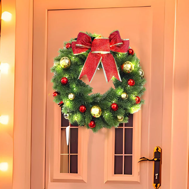Christmas Wreath 16 Inch, BEHONA Christmas Door Decorations Wreath with Warm Lights, Christmas Wreath with Decorative Christmas Balls, Christmas Knot for Door Window Outdoor Home Decoration (16 Inch)