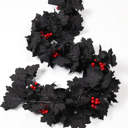 Black Maple Leaf Garland, Red Berry Garland, Black Berry Garland Fall Decor Artificial Fall Garland Halloween Black Garlands for Thanksgiving Home Fireplace Dinner Autumn Party Decoration(Red Berry)