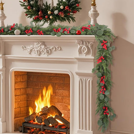 6ft Artificial Christmas Cedar Garland with Eucalyptus Leaves, Red Berries Winter Greenery Garland Decor for Home, Fireplace, Wall, Porch, Table, Mantle, Indoor Outdoor Decoration