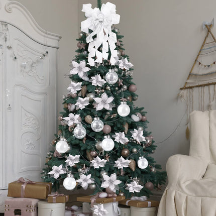 49 Pcs Silver Christmas Tree Decoration Set Christmas Tree Topper Bow 24 Pcs Christmas Glitter Artificial Poinsettia Flowers and 2.36 Inch Xmas Ball Ornaments for Xmas Party Holiday Decor