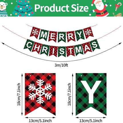 Merry Christmas Banner, Red Green Buffalo Plaid Check Holiday Garland, Rustic Snowflake and Letter Bunting, Fun Wall Mantel Hanging Christmas Decorations for Home, Office, and Xmas Party Supplies