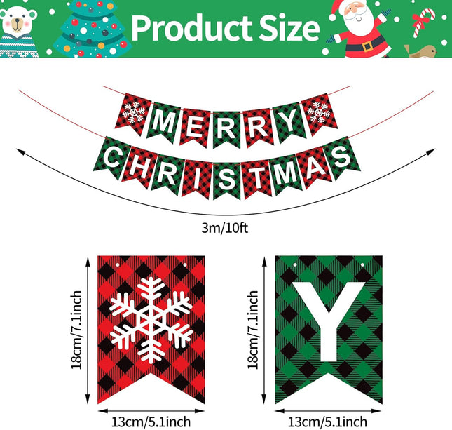 Merry Christmas Banner, Red Green Buffalo Plaid Check Holiday Garland, Rustic Snowflake and Letter Bunting, Fun Wall Mantel Hanging Christmas Decorations for Home, Office, and Xmas Party Supplies