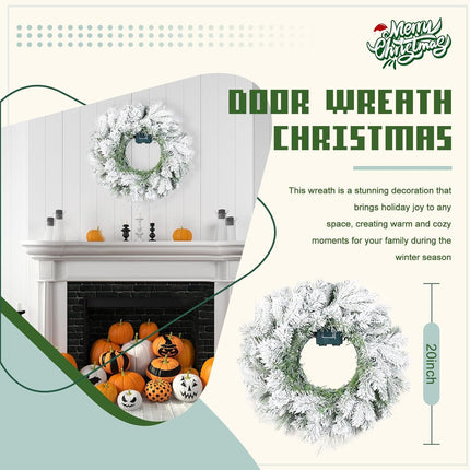 Christmas Wreaths for Front Door,Winter White Flocked Christmas Wreath with 50 LED Lights,Battery Powered Wreath Holiday Decor - Christmas 20 inch Wreath