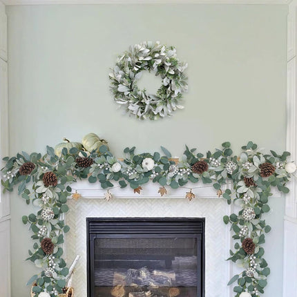 TEMPUS White Pumkin Garland 5.9Ft Artificial Eucalyptus Garland with Pumpkins Pine Cones Lamb Ear Leaves Garland for Wedding Arch Backdrop Thanksgiving Table Farmhouse Decor