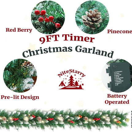 9FT Prelit Christmas Garland with Lights, Battery Operated Lighted Garland with Pine Cones &Red Berries, Snowy Christmas Garland for Mantle, Fireplace Indoor &Outdoor
