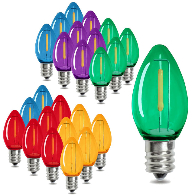 25 Pack C7 LED Night Light Bulbs Multicolor, Christmas Replacement Bulbs E12 Candelabra Base Shatterproof Plastic Lights, 0.6W Equivalent to 7W, Chandelier Candle String Light Bulbs