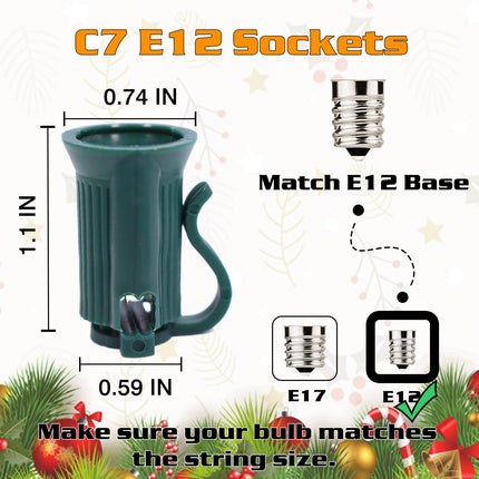 50FT C7 Light String Christmas Stringer, E12 Christmas Light Sockets 12" Spacing, C7 Stringer Set Green Outdoor String Light for Wedding Patio Event Lighting Decor, Green Wire
