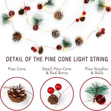 Christmas Garland with String Lights 10 Ft 30 LED Pine Cone Red Berry Bells Garland Lights, Indoor Christmas Decorations for Home and Fireplace Mantel Decor,Christmas Tree Decor (Warm White)