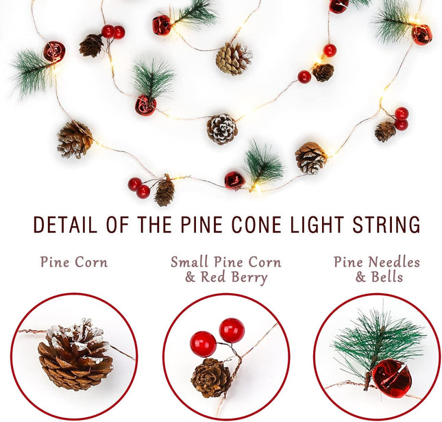 Christmas Garland with String Lights 10 Ft 30 LED Pine Cone Red Berry Bells Garland Lights, Indoor Christmas Decorations for Home and Fireplace Mantel Decor,Christmas Tree Decor (Warm White)
