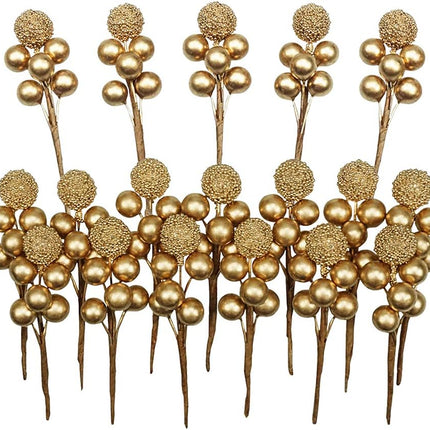 DRWATE Artificial Gold Holly Leaves Berry Picks Stems Fake Winter Christmas Berries Decor for DIY Garland and Holiday Wreath Ornaments, 16 Branch by Bilipala