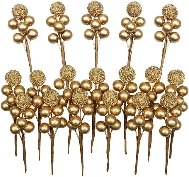 DRWATE Artificial Gold Holly Leaves Berry Picks Stems Fake Winter Christmas Berries Decor for DIY Garland and Holiday Wreath Ornaments, 16 Branch by Bilipala