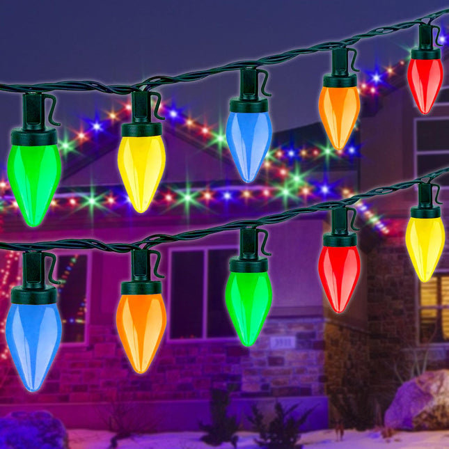 C7 Christmas LED String Lights - 26Ft LED Vintage Multicolor Lights with 50 LED Colorful Bulbs, Outdoor String Lights for Christmas Party Backyard Wedding- Green Wire