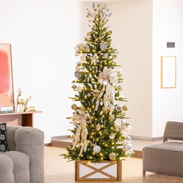 Glitzhome Farmhouse Wooden Tree Collar, 27.5" L Natural & White Christmas Tree Base Cover Xmas Tree Skirt Tree Box
