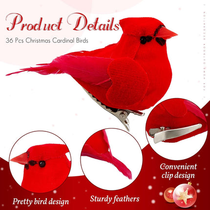 Taiyin 36 Pcs Red Cardinal with Clip on Christmas Tree Ornament Mini Red Feather Fake Birds Decorations Bird Craft Ornament for Christmas Tree Home Outdoor Wreath Arts Decoration