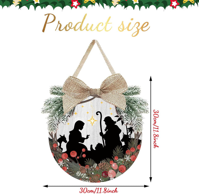 Christmas Ornament Decoration Nativity Scene Wreath Christmas Hanging Sign Rustic Burlap Wooden Holiday Decor for Front Door Xmas Front Door Sign for Xmas Home Window Wall Farmhouse Indoor Outdoor
