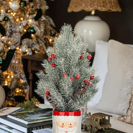 Small Christmas Tree Tabletop Snowman Potted Plants with Vase 14.2" Artificial Mini Xmas Tree Decorations Slim Pine Needles Plant with Christmas Ball Ornaments Berries Pine Cones Home Christmas Decor