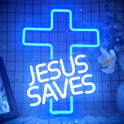 Cross Neon Signs Jesus Saves LED Signs for Wall Decor Dimmable Jesus Neon Lights Signs for Bedroom Living Room Christian Church Events Birthday Christmas Decor s