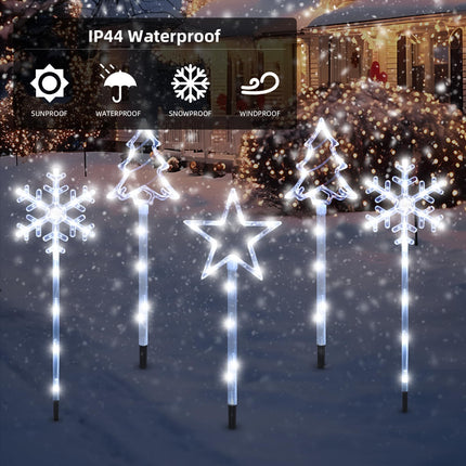 6 Pack Plug in Christmas Pathway Lights Outdoor Decorations with Timer,8 Modes White Xmas Snowflake Tree Star Waterproof Led Garden Stake Lights for Walkway Yard Lawn Porch Holiday Decor