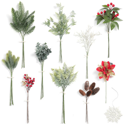 Christmas Artificial Greenery Stems Box Set,51pcs with 11 Kinds of Faux Greenery Picks for DIY Christmas Decorations Floral Arrangement Table Centerpieces and Wedding Bouquet Filler