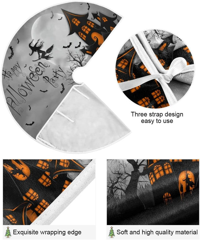 Happy Halloween Black Castle Christmas Tree Skirt Decorations Spooky Pumpkin Witch Bat Ghost Xmas Tree Mat 36 inch for Holiday Party Supplies Rustic Ornaments Mini Tree Skirt