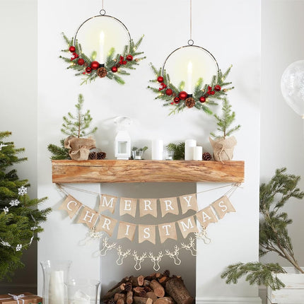 2Pack 16inch Christmas Wreath with Taper Candle Lights Christmas Wreath Outdoor Prelit Christmas Wreath for Front Door Porch Fireplace Christmas Window Door Decorations