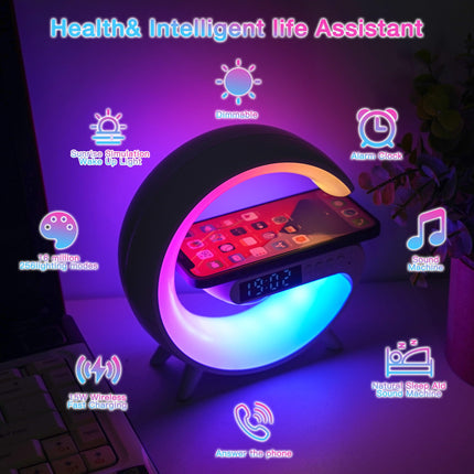 Mini Wireless Speaker Lamp with Alarm Clock, Wireless Charging, Atmosphere Light, Bedside Table Lamp s (White)