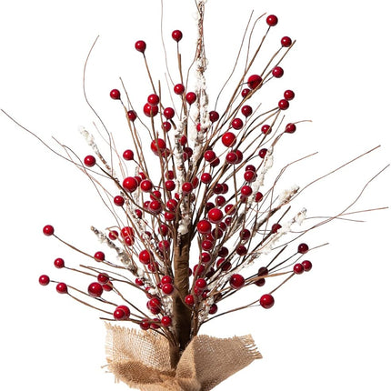 Glitzhome 16”H Christmas Red Berries Table Tree with Burlap Base, Decorative Berries Tree Table Centerpiece for Christmas, Artificial Table Tree Decor for Xmas Party Festival Home Decor