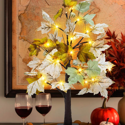Uieke 2 Packs 24inch Artificial Lighted Fall Maple Tree 48 LED Fall Decor Table Lights with 6 White Pumpkins Battery Operated Timer, Fall Decorations or Home Thanksgiving Autumn Harvest (Green White)