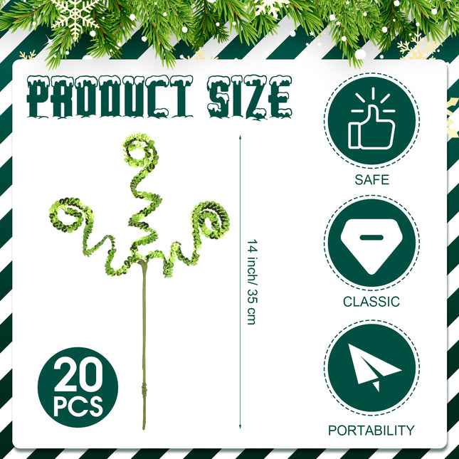 Sliner 20 Pcs Christmas Sequins Curly Pick Ornament 12 Inch Christmas Tree Decoration Candy Shape Christmas Tree Topper Ornament Sprays Spiral Stem for Party Wedding Home Decor DIY Crafts(Green)