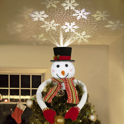 Lewondr Christmas Tree Topper Hat Projector, Snowman Hat Tree Topper with Snowflake Projector Light, Decorative Elf Hat Tree Topper for Xmas Tree Year Holiday Party Winter Home Decoration, White