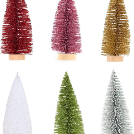 IUIBMI 9 PCS Mini Sisal Christmas Trees 6 Inch Small Artificial Christmas Sisal Snow Frost Trees with Wooden Bases, Miniature Bottle Brush Trees for Xmas Holiday Party Home Tabletop Tree Decor, White