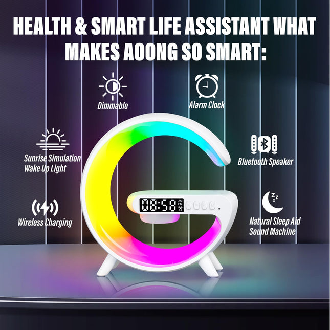 Longzhuo LED Table Lamp with Wireless Charger Atmosphere Lamp Bluetooth Speaker Alarm Clock Night Light for Bedside Dorm Office, Kids Adults Desk Table Lamp Christmas Home Decor (White)