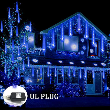Meteor Shower Lights Outdoor Christmas Lights UL Falling Rain Drop Lights Snowfall Icicle Cascading String Lights for Xmas Holiday Tree Garden Decor Blue, 12Inch 8Tubes
