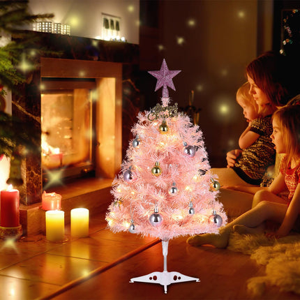 Mini Pink Christmas Tree, 24” Artificial Tabletop Christmas Tree with Lights & Hanging Ornaments, Small Desktop Xmas Tree for Party Supplies Home Indoor Decoration