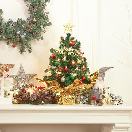 XmasExp 20" Mini Christmas Tree Set Small Christmas Tree Tabletop Christmas Tree Artificial Christmas Tree with Star Treetop,Ornaments Balls,Bells and Pine Cones DIY Christmas Decorations Green