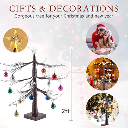 Light up Snowflakes Tree,Mini Christmas Tree,Lighted Trees for Decorations Inside,Room Decor,Battery Operated,with Timer,Table Decorations.（Added 12 Decorative Balls） (Brown)