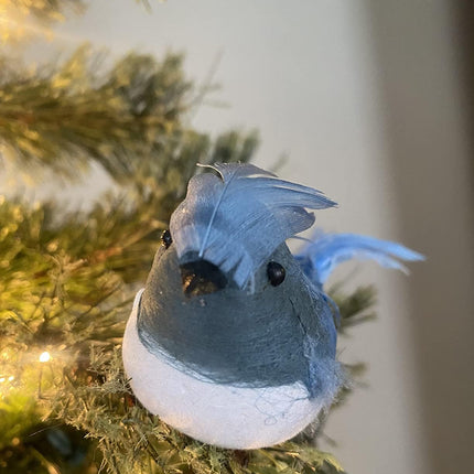 12pcs Artificial Blue Christmas Ornaments with Clip and Real Birds Tail Feathers,Light Blue Bird Feather Craft Decoration for Christmas Tree Decor