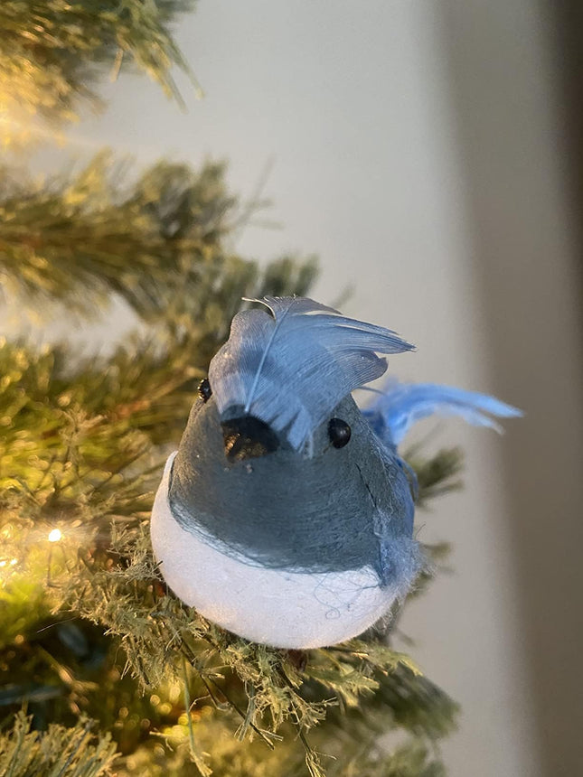 12pcs Artificial Blue Christmas Ornaments with Clip and Real Birds Tail Feathers,Light Blue Bird Feather Craft Decoration for Christmas Tree Decor