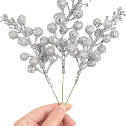 Lvydec 16pcs Christmas Glitter Berries Stems, 7.8" Artificial Christmas Picks for Christmas Tree Ornaments, DIY Xmas Wreath, Crafts, Holiday and Home Decor (Silver)