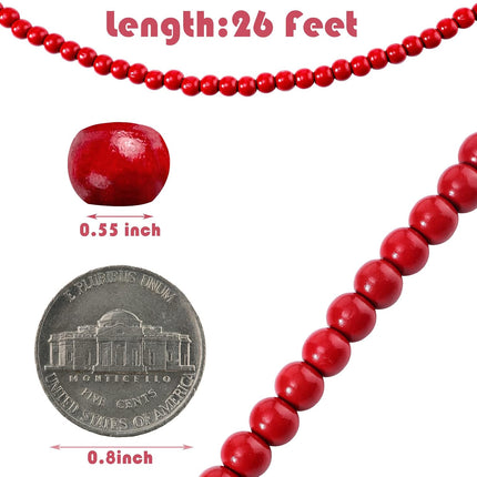 Christmas Wooden Bead Garland Rustic Farmhouse Bead Garland Xmas Tree Bead Ornaments for Christmas Decorations, Total of 26 Feet (Dark Red)