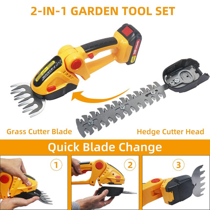 Cordless Grass Shear & Shrubbery Trimmer, Huhomco Portable 2-in-1 Hedge Trimmer 24-V Electric Grass Clippers with Curved Blade Garden Pruning Shears,Charger,2pcs Rechargeable Battery